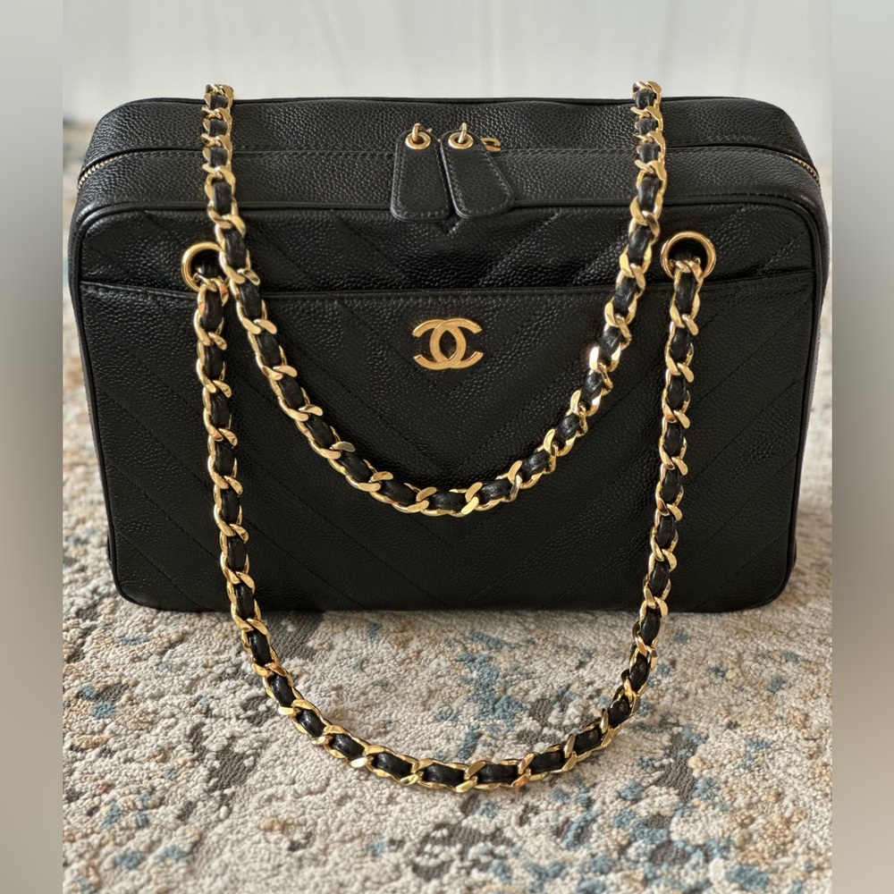 Chanel Vintage Pocket Camera Bag Chevron Caviar Gold Hardware